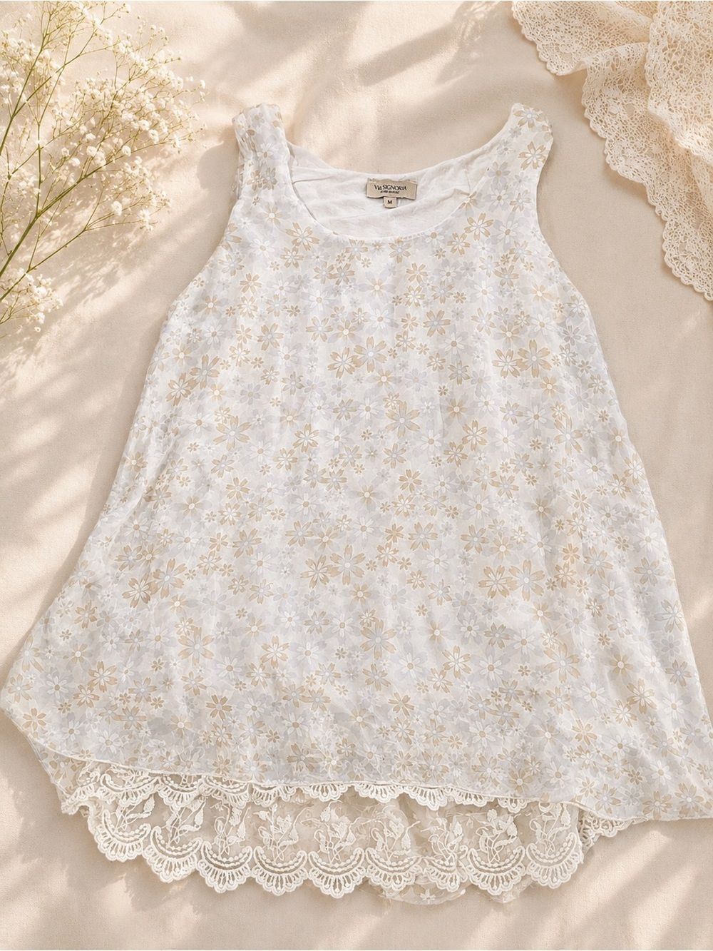 Via Signoria Made in Italy Floral Lace Hem Sleeveless Tunic Top Size Medium